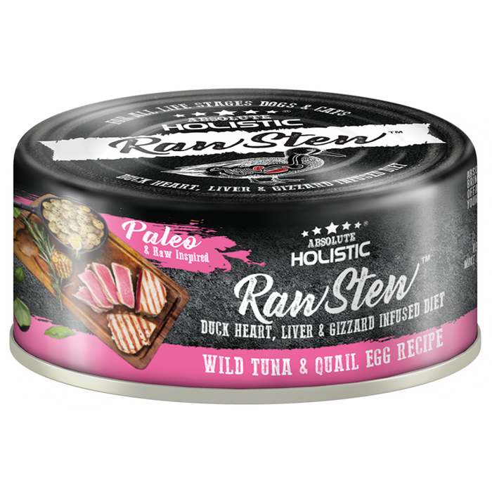 40% OFF: Absolute Holistic Rawstew Wild Tuna & Quail Egg Recipe Wet Can Food For Dogs & Cats (24 Cans)