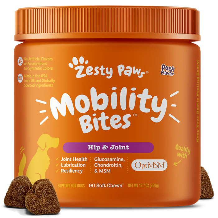 15% OFF: Zesty Paws Hip & Joint Mobility Bites (With Glucosamine + Chondroitin & MSM) Duck Flavour Soft Chews Functional Supplement For Dogs
