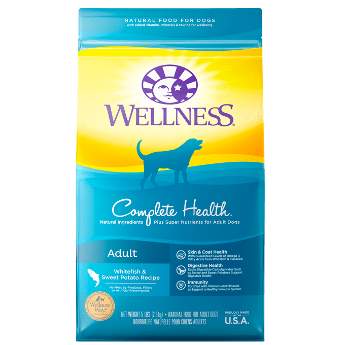 20% OFF + FREE WET FOOD: Wellness Complete Health White Fish & Sweet Potato Meal Recipe Adult Dry Dog Food