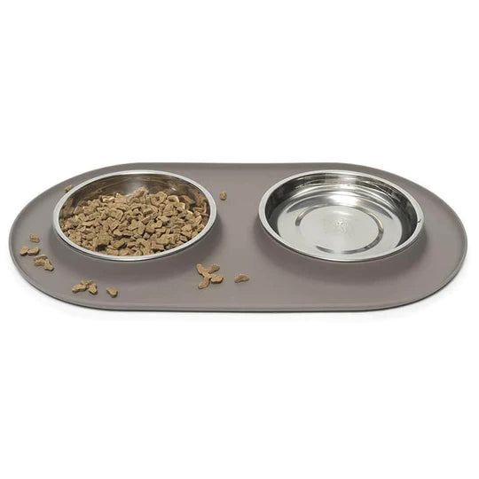 10% OFF: Messy Cats Grey Double Silicone Feeder With Stainless Steel Saucer Shaped Bowl