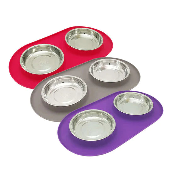 10% OFF: Messy Cats Grey Double Silicone Feeder With Stainless Steel Saucer Shaped Bowl