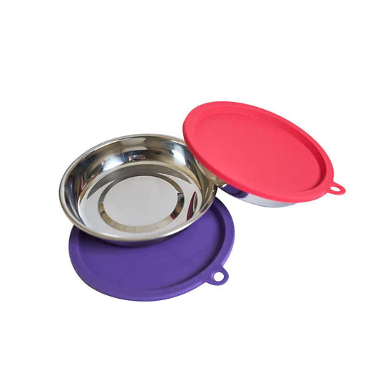 10% OFF: Messy Cats Two Stainless Saucer Shaped Cat Bowls + Two Silicone Lids For Cat Food Storage (4Pcs Set)