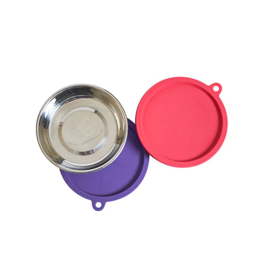 10% OFF: Messy Cats Two Stainless Saucer Shaped Cat Bowls + Two Silicone Lids For Cat Food Storage (4Pcs Set)