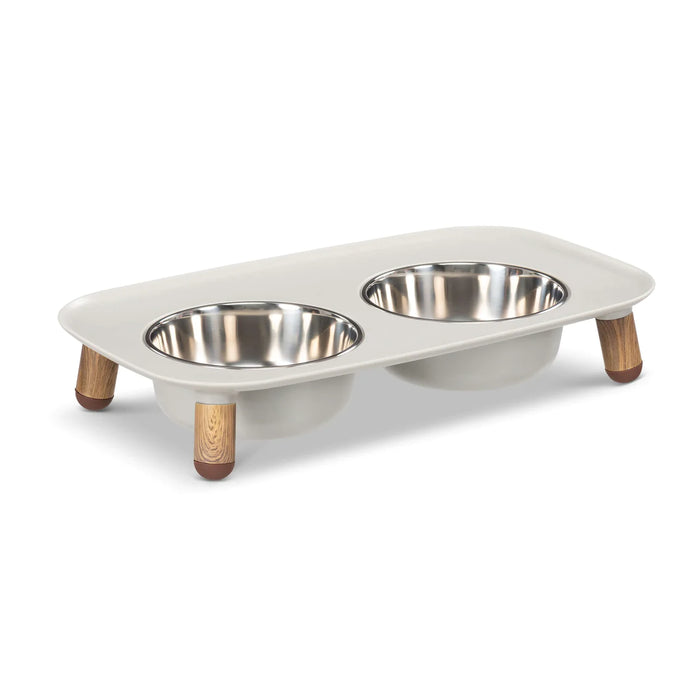 10% OFF: Messy Mutts Light Grey Elevated Double Dog Feeder With Faux Wood Legs + Stainless Bowls (Adjustable Height 3" to 10")