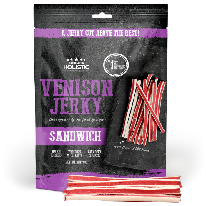 20% OFF: Absolute Holistic Oven Dried Venison & Whitefish Sandwich Jerky Dog Treats