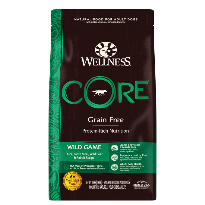 20% OFF + FREE WET FOOD: Wellness CORE Grain Free Wild Game (Duck, Lamb Meal, Wild Boar & Rabbit Recipe) Adult Dry Dog Food