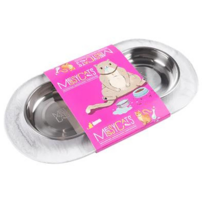 10% OFF: Messy Cats Marble Double Silicone Feeder With Stainless Steel Saucer Shaped Bowl