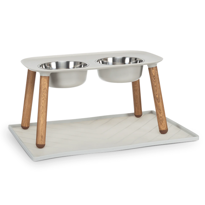 10% OFF: Messy Mutts Light Grey Elevated Double Dog Feeder With Faux Wood Legs + Stainless Bowls (Adjustable Height 3" to 10")
