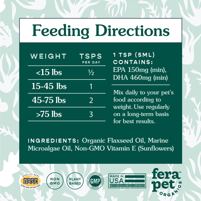 Fera Pet Organics Plant Based (Vegan) Omega 3s Algae Oil For Dogs