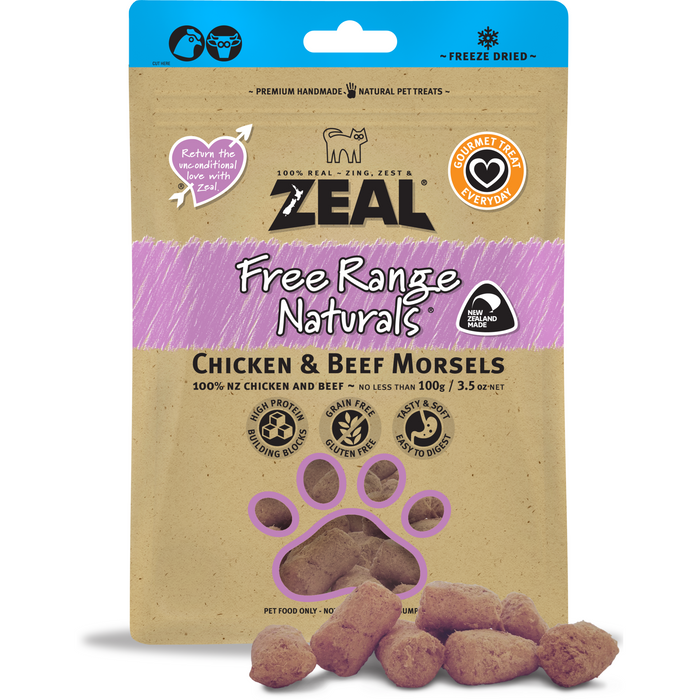 Zeal Free Range Naturals Freeze Dried Chicken & Beef Morsels For Dogs & Cats