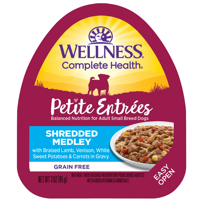 20% OFF: Wellness Small Breed Petite Entrees Shredded Medley Braised Lamb, Venison, White Sweet Potatoes & Carrots Wet Dog Food